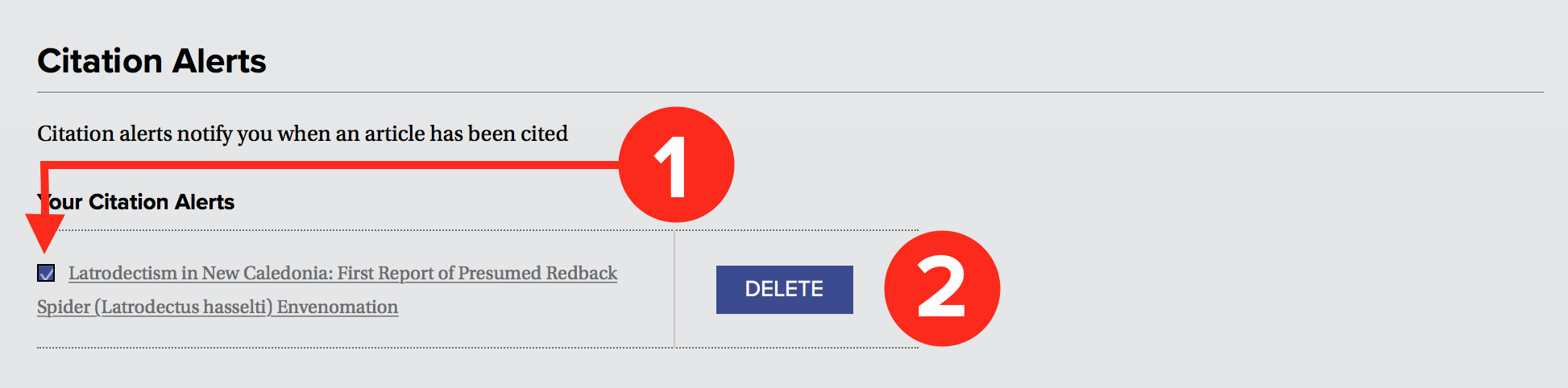 A screenshot of the Citation Alert section of the Email Alerts tab. A number 1 and a red arrow point to the check box next to an article's name. A number 2 identifies the Delete button.