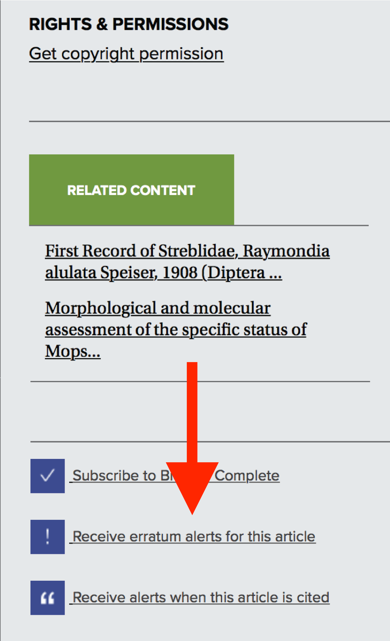 A screenshot of the right sidebar on an article's page. A red arrow points to a link that reads,"Receive erratum alerts for this article."