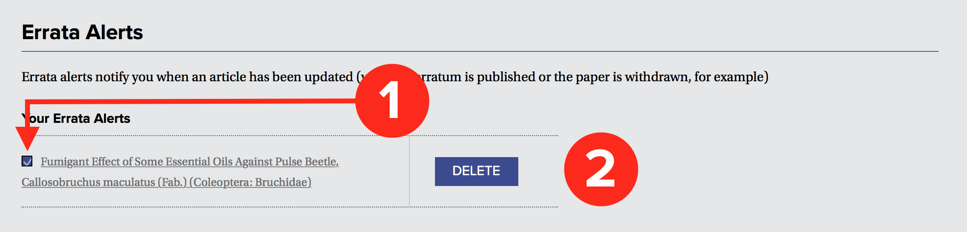 A screenshot of the Errata Alerts section of the Email Alerts tab. A number 1 and red arrow indicate the checkbox next to an article's name. A number 2 identifies the Delete button.